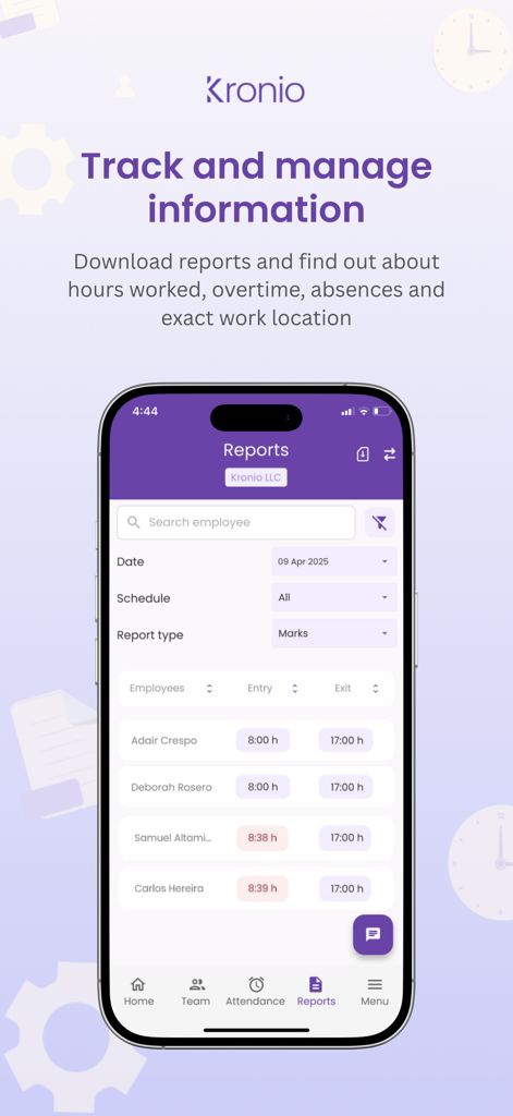 Kronio - Kronio mobile app display showing employee attendance reports and shift times