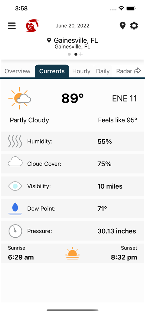Florida Storms - Current weather conditions for Gainesville Florida on the Florida Storms app