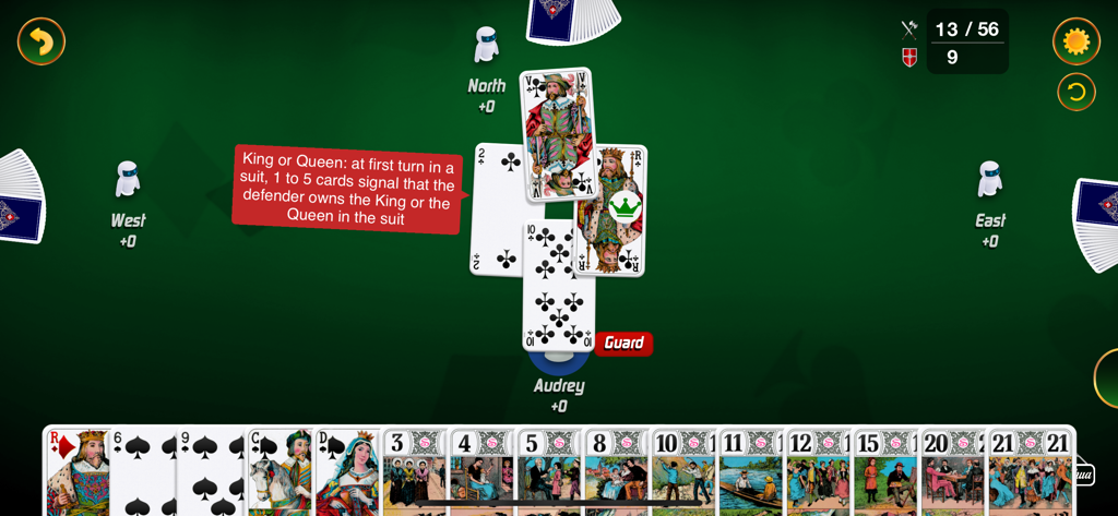 SHUA Jeu de Tarot의 게임 플레이, 전략 튜토리얼 거품이 있는 카드 매치 표시