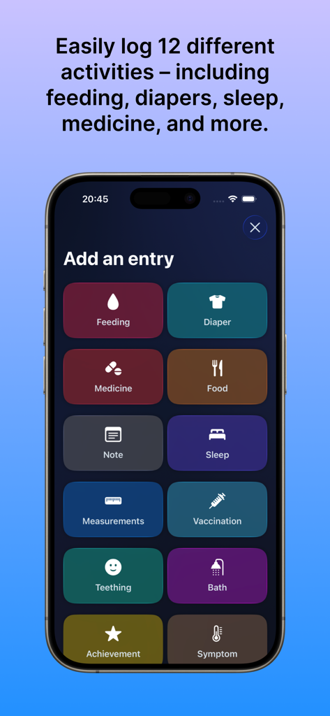 Interfaz de la aplicación Minimi que muestra doce categorías diferentes de actividades del bebé para registrar, incluyendo alimentación, siestas y pañales