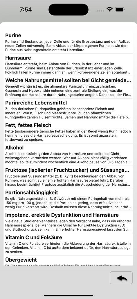 Bildende Artikel über Purinwerte und Gichtmanagement in der Purin-Tabelle App.