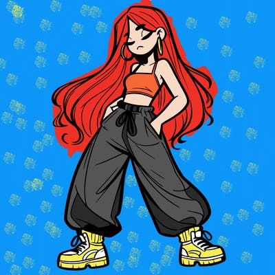 girl in baggy pants crop top and long hair