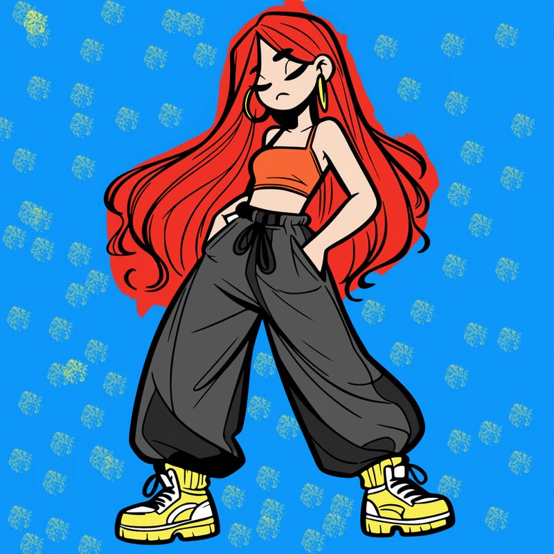 girl in baggy pants crop top and long hair