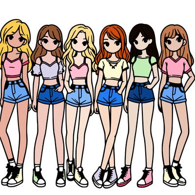 a group of girls wearing crop tops and shorts