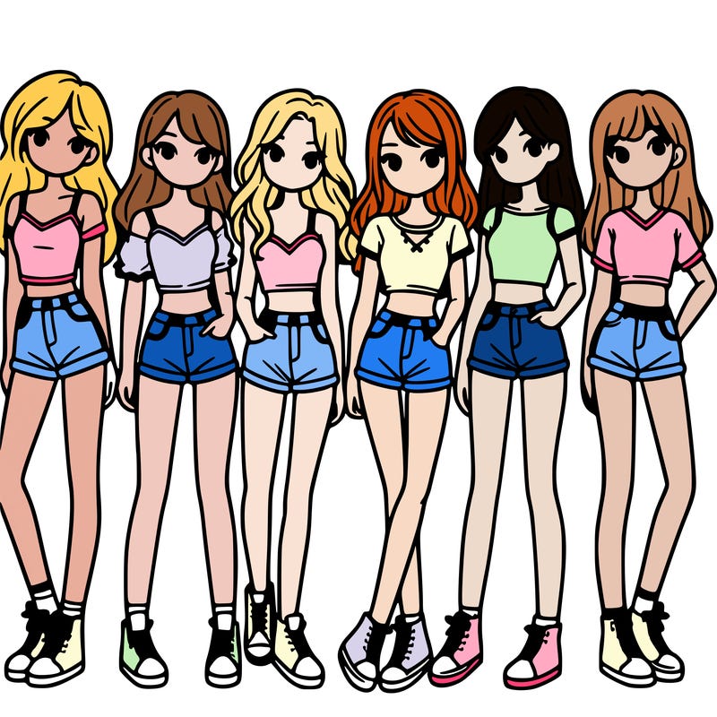 a group of girls wearing crop tops and shorts