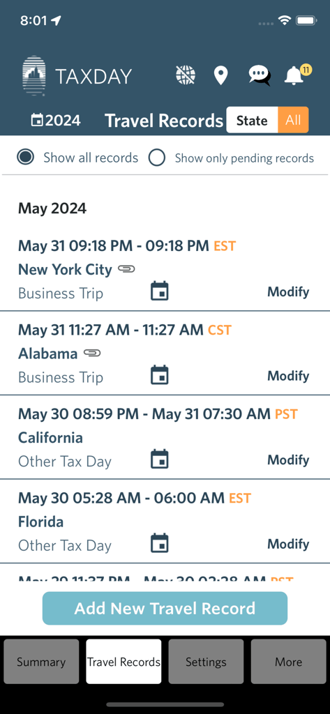 TaxDay - TaxDay app screen showing a list of travel records with dates and locations for tax residency tracking