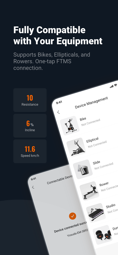 FED Fitness app interface showing smart equipment compatibility for bikes rowers and ellipticals