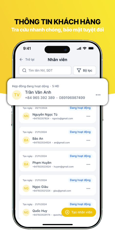 LendMe - Pantalla de gestión de personal en la aplicación LendMe que muestra una lista de empleados activos con nombres y detalles de contacto en vietnamita