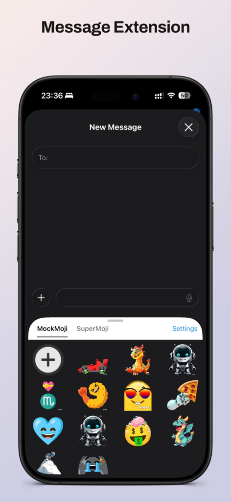 MockMoji iMessage extension showing a variety of custom stickers and emojis on an iPhone screen.