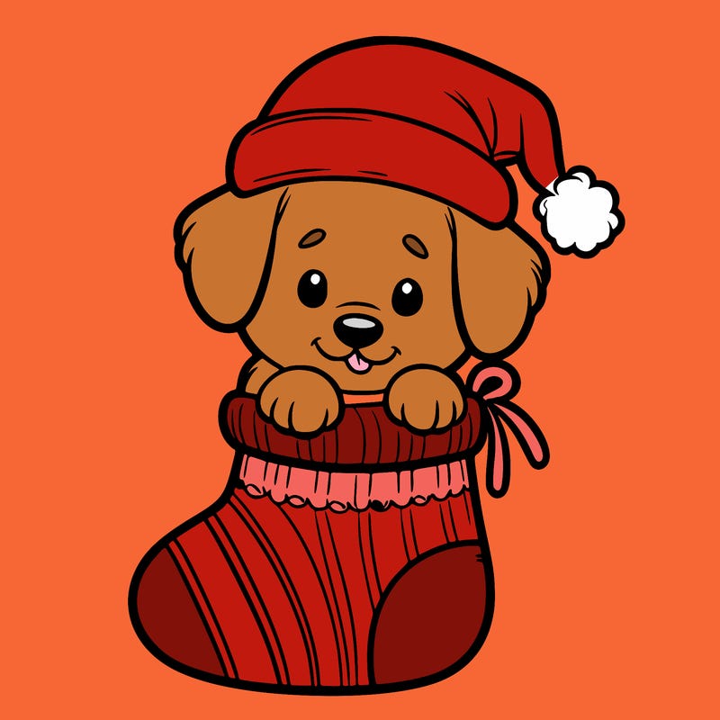 cute puppy wearing santa hat in socking