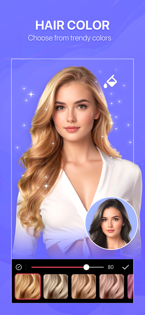 Tempi Art-Cartoon&AnimatePhoto - Interface of Tempi Art app displaying hair color change options for a female portrait