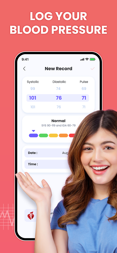 A mobile interface for logging blood pressure readings including systolic and diastolic values