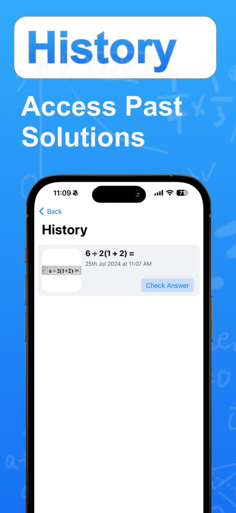 Calculus Solver - Math Answers - History screen of the Calculus Solver app showing access to past math solutions