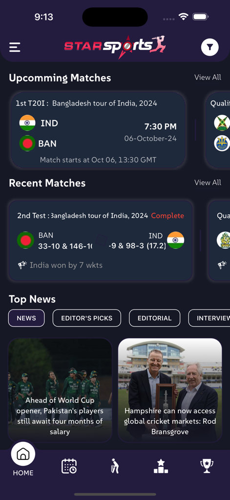 Star Sports Cricket - Star Sports Cricket app interface displaying upcoming match schedules recent results and top news stories