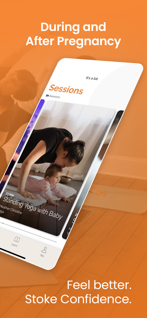 Menu des sessions de l'application Carry montrant un cours de yoga post-partum avec un bébé.
