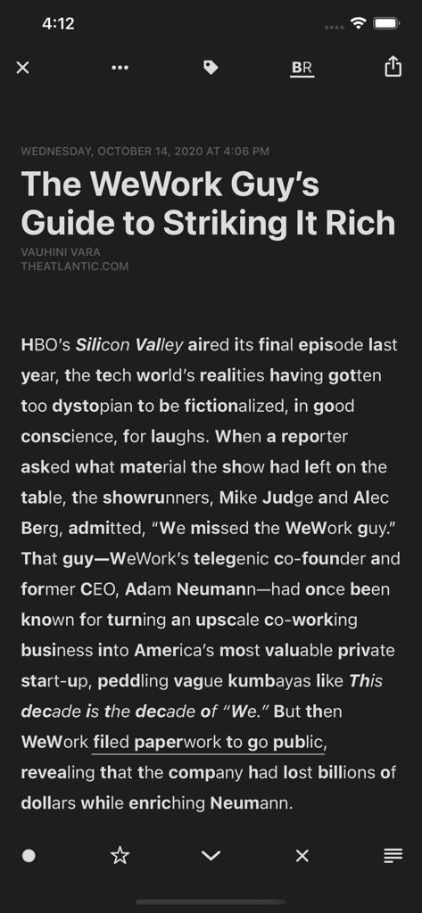 An article in Reeder Classic showing the Bionic Reading feature with bolded prefixes in dark mode