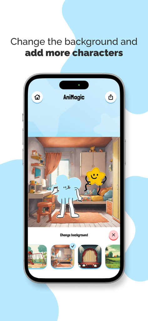 Interface of the AniMagic app showing animated star and cloud characters in a bedroom setting with background selection options.