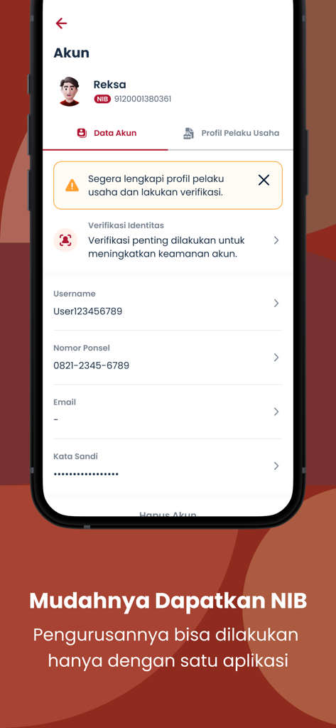 OSSインドネシアアプリのアカウント設定画面。ユーザープロファイルデータと本人確認ステータスが表示されています。