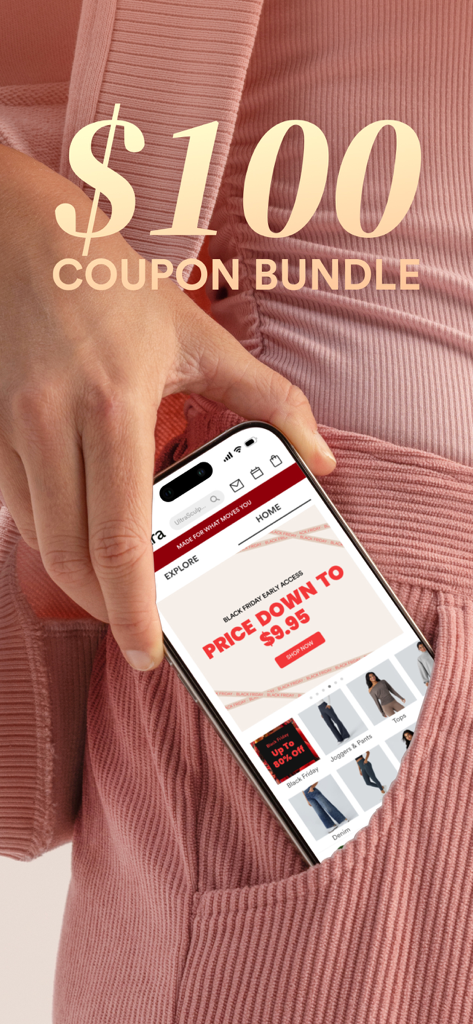 Halara - A smartphone showing the Halara shopping app with a 100 dollar coupon bundle offer being placed in a legging pocket