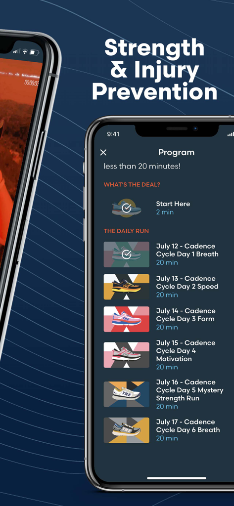 L'app The Run Experience che visualizza un programma di allenamento giornaliero di forza e prevenzione degli infortuni