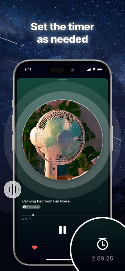 Sleep Sound: Relax White Noise - Screenshot of the Sleep Sound app showing a sleep timer set for calming bedroom fan white noise against a starry night background