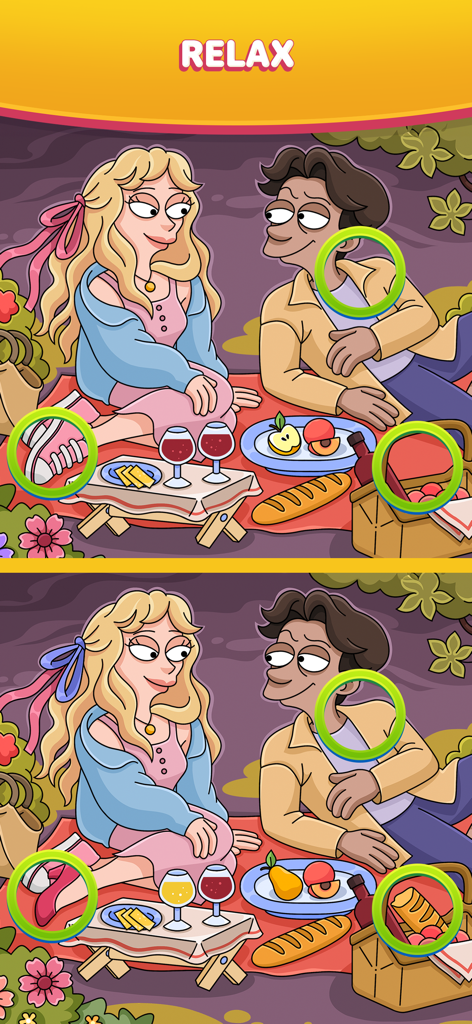 Find Easy - Hidden Differences - ピクニック中のカップルが登場する間違い探しゲーム、違いに円が描かれている