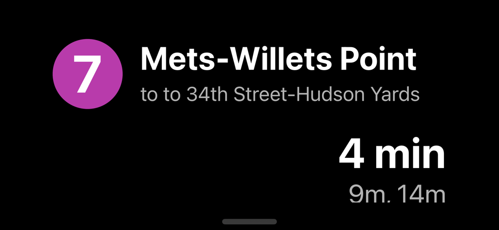 Now Departing - NYC Subway departure times for the 7 train at Mets-Willets Point station in the Now Departing app.