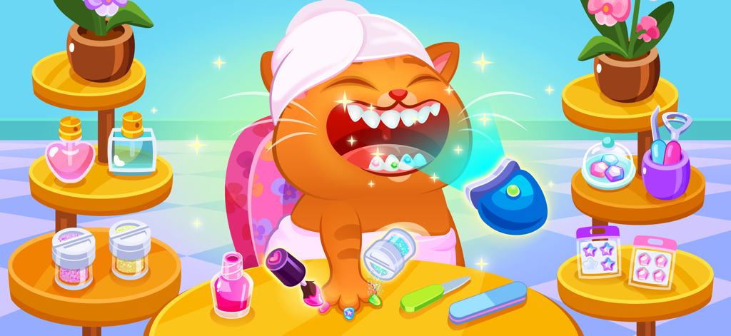 Bubbu the virtual cat getting a manicure and teeth gems at a beauty salon
