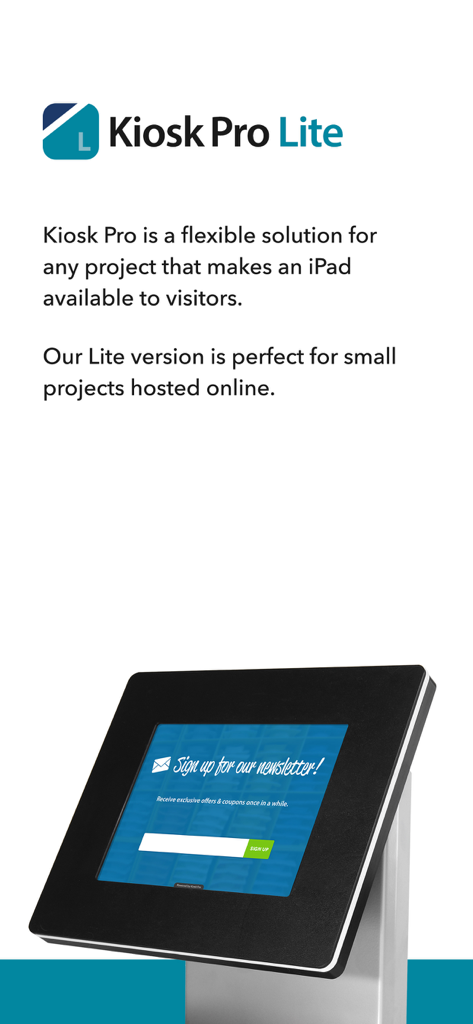 Kiosk Pro Lite - iPad in un elegante chiosco nero che mostra un modulo di iscrizione alla newsletter