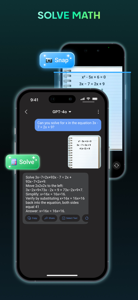 AI Chat: AI Chatbot 5 0 - Interface do aplicativo AI Chat mostrando a solução passo a passo de um problema de matemática a partir de uma foto escaneada de um caderno