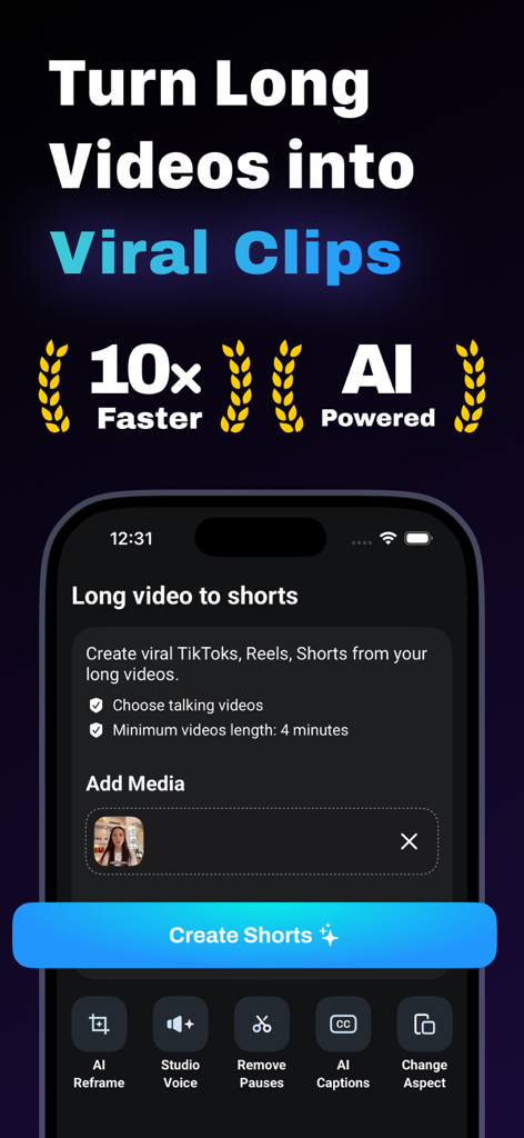 AI video clipping: MagicClip - Interfaz de la aplicación MagicClip que muestra cómo convertir videos largos en clips virales usando herramientas impulsadas por IA
