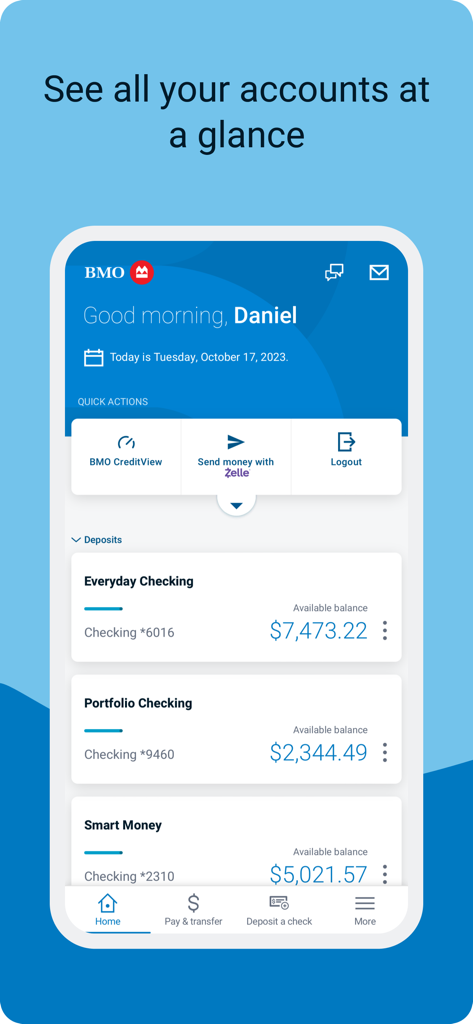 BMO Digital Banking app dashboard showing account balances and quick action shortcuts.