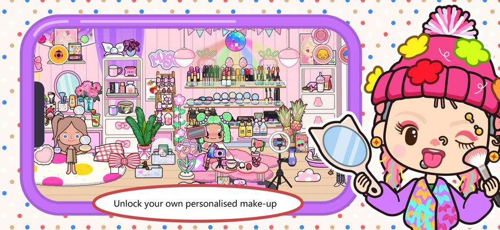 Miga Town: My World - A cartoon character applying makeup in a personalized beauty studio filled with cosmetics