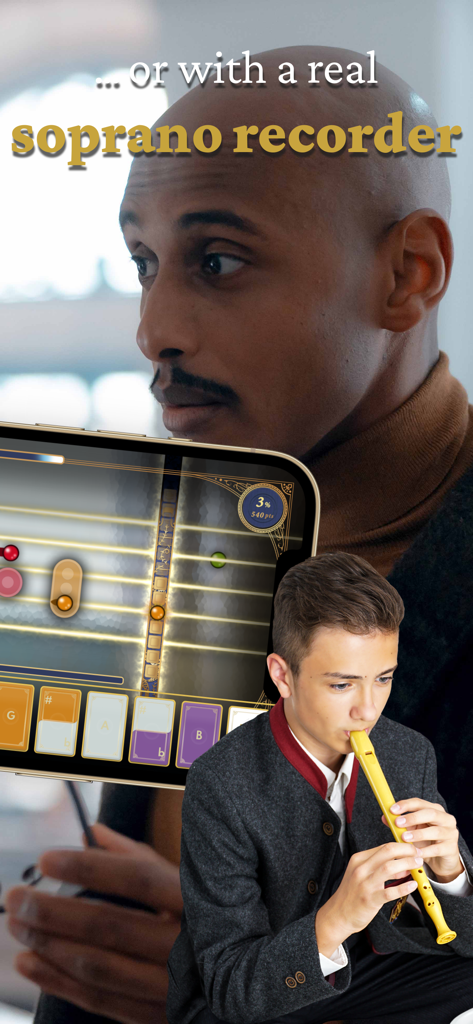 A child playing a yellow soprano recorder using the Magic Flute game app on a smartphone for real-time musical feedback.