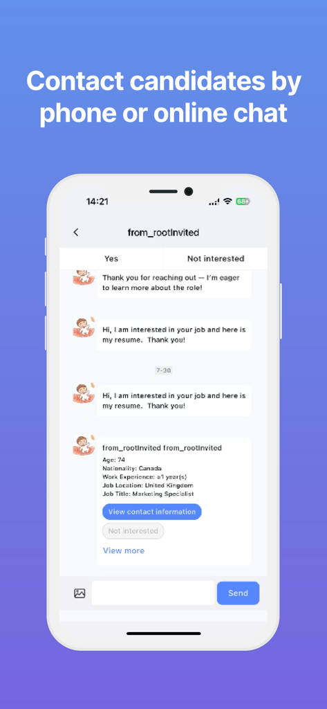 eChinacities - Mobile app screenshot showing the real-time chat interface where recruiters can message candidates on the eChinacities platform.