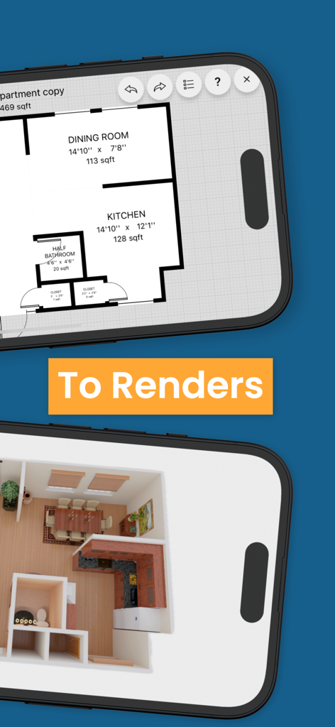 Comparison between a 2D floor plan and its 3D interior render on a mobile screen