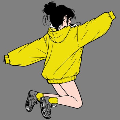 realistic girl jumping with a bun and oversized sweatshirt