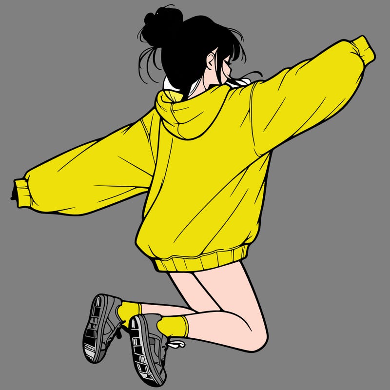 realistic girl jumping with a bun and oversized sweatshirt