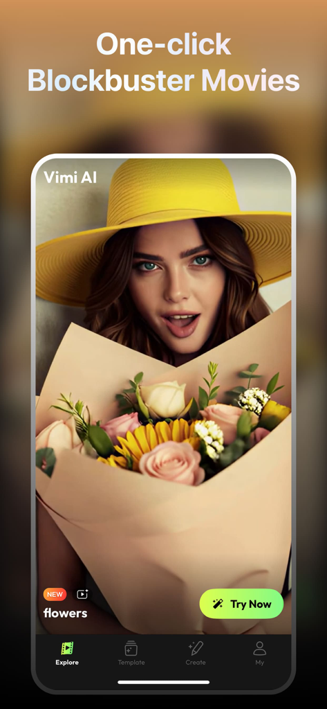Vimi AI: Video Generator - Vimi AI mobile app interface showing one-click blockbuster movie creation from photos