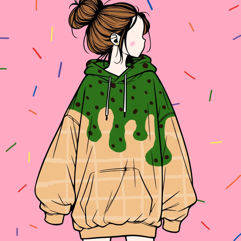 realistic girl with a oversized sweatshirt on and a bun