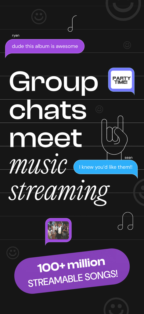 Gráfico de la aplicación Hangout que muestra burbujas de chat grupal combinadas con transmisión de música y más de 100 millones de canciones disponibles