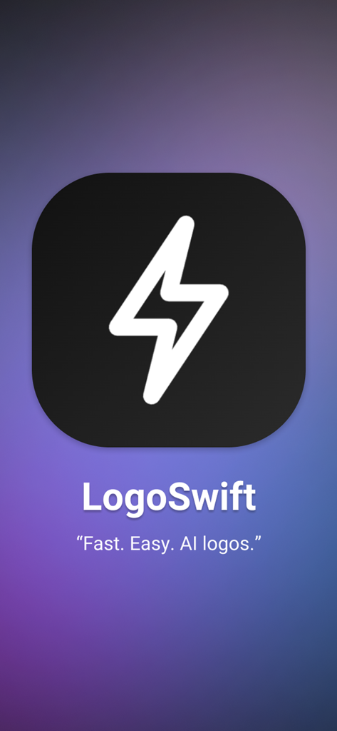 LogoSwift - Logo Maker - Pantalla de inicio de LogoSwift con un ícono de rayo blanco y el eslogan Logos IA Rápidos y Fáciles sobre un fondo degradado púrpura