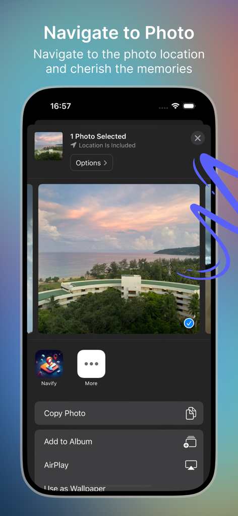 Navify App-Symbol im iOS Teilen-Menü zur Navigation zu einem ausgewählten Fotostandort.