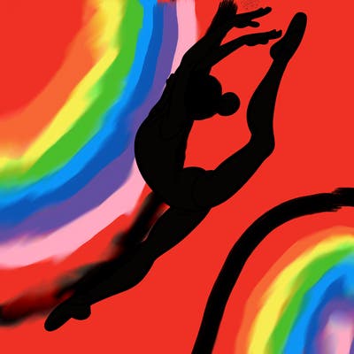 gymnast doing a leap in a leotard with a bent back leg