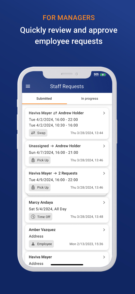 Interfaccia del manager del ristorante che mostra le richieste di scambio turno e ferie dei dipendenti nell'app Crunchtime Teamworx.