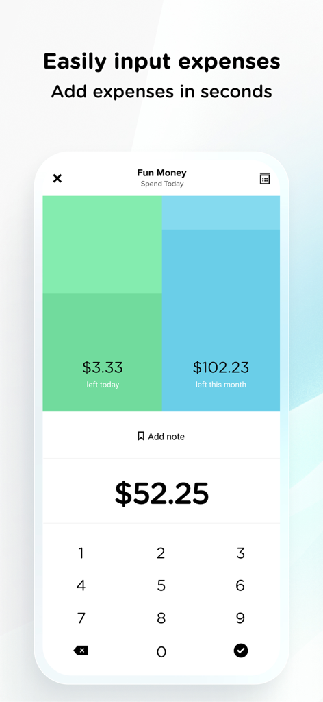 Interface for entering daily expenses in the Pennies budget app showing daily and monthly balance remaining.