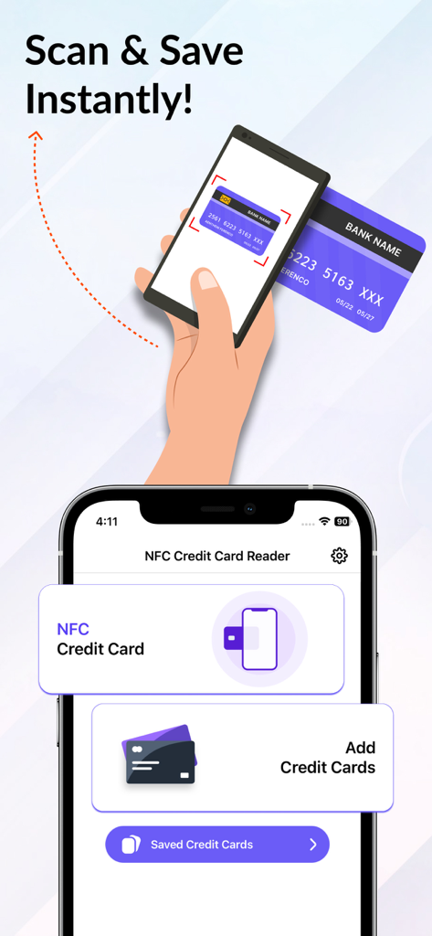 NFC Reader - Mobile Wallet - NFC Reader app interface for scanning and saving credit cards