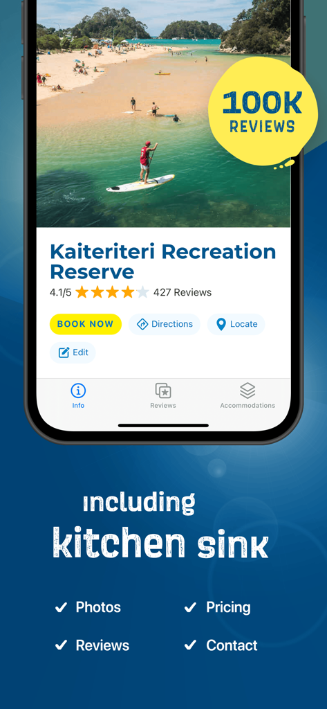 Rankers Camping NZ app interface showing Kaiteriteri Recreation Reserve with visitor reviews and booking options