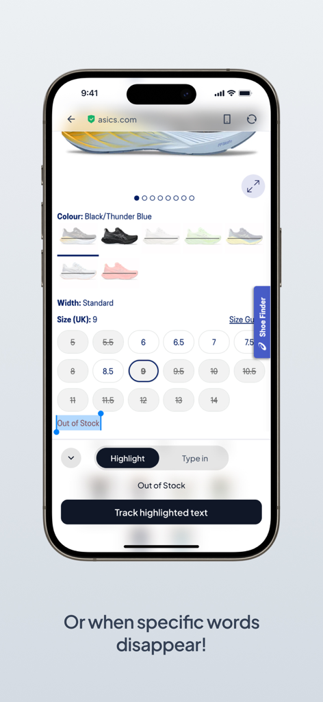 Interface of AnyTracker app highlighting Out of Stock text on a retail website to track product availability.
