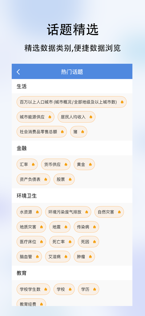 Interface of the Micro-Statistics app showing trending data categories such as finance and environment